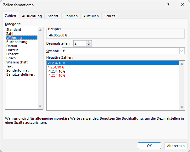 Dialog Zahl formatieren