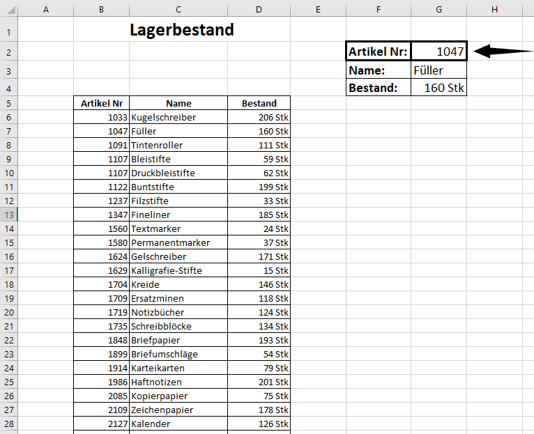 Beispielsuche für den Lagerbestand