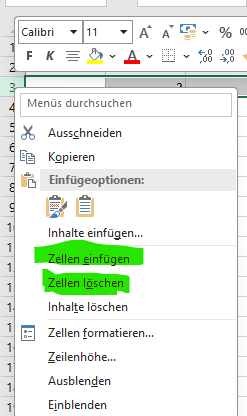 Kontextmenü für Zeilen